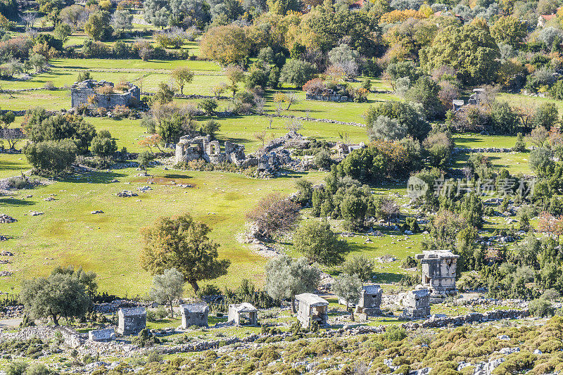 来自Dodurga村的Sidyma古城。Fethiye, Mugla，土耳其。